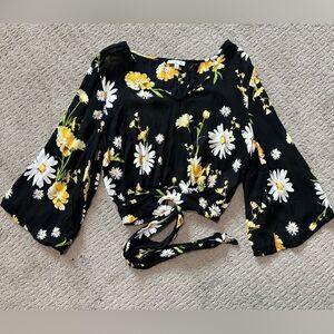 Patrons of Peace Black Floral Long Bell Sleeve Crop Top Tie-Back